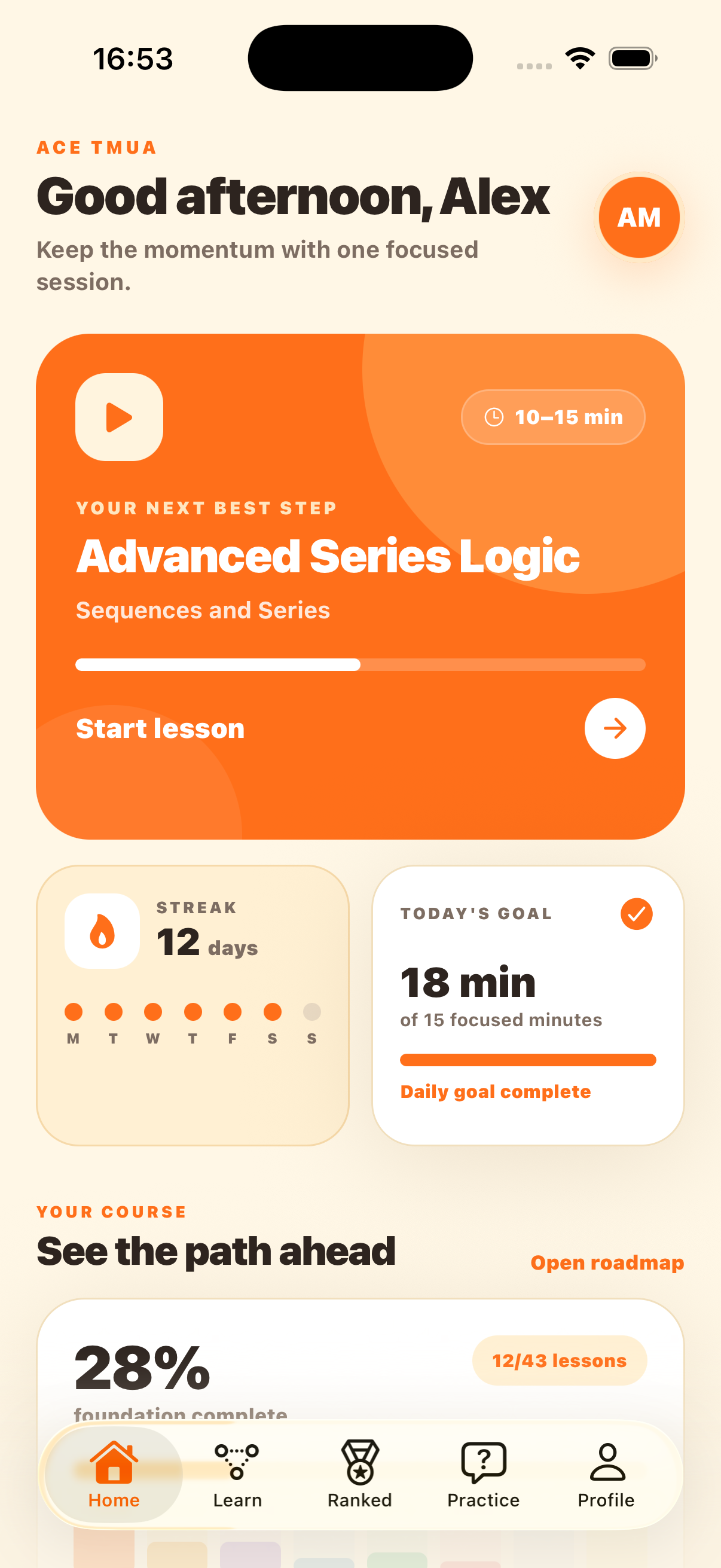 Ace TMUA home screen showing a lesson recommendation, study streak and daily goal