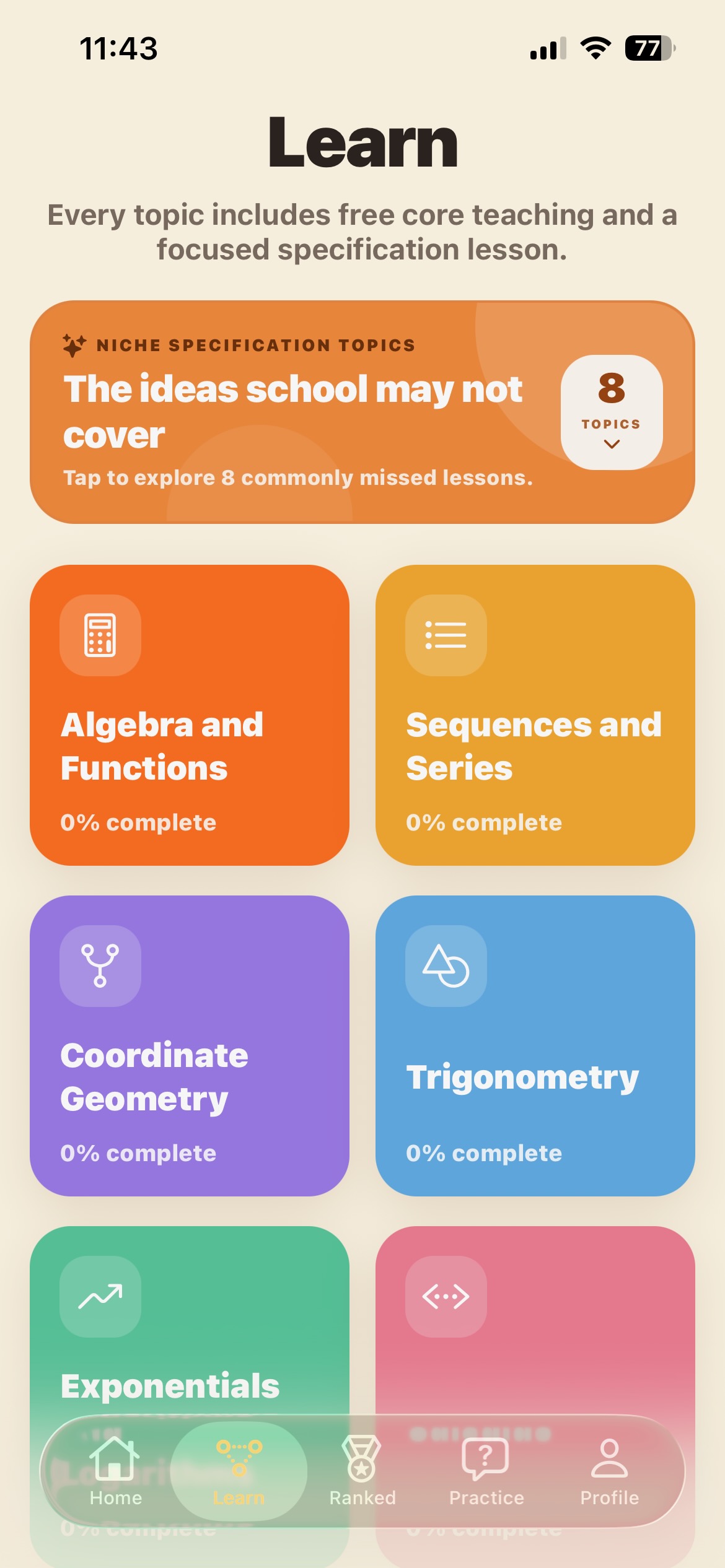 Ace TMUA Learn screen showing the topic pathway
