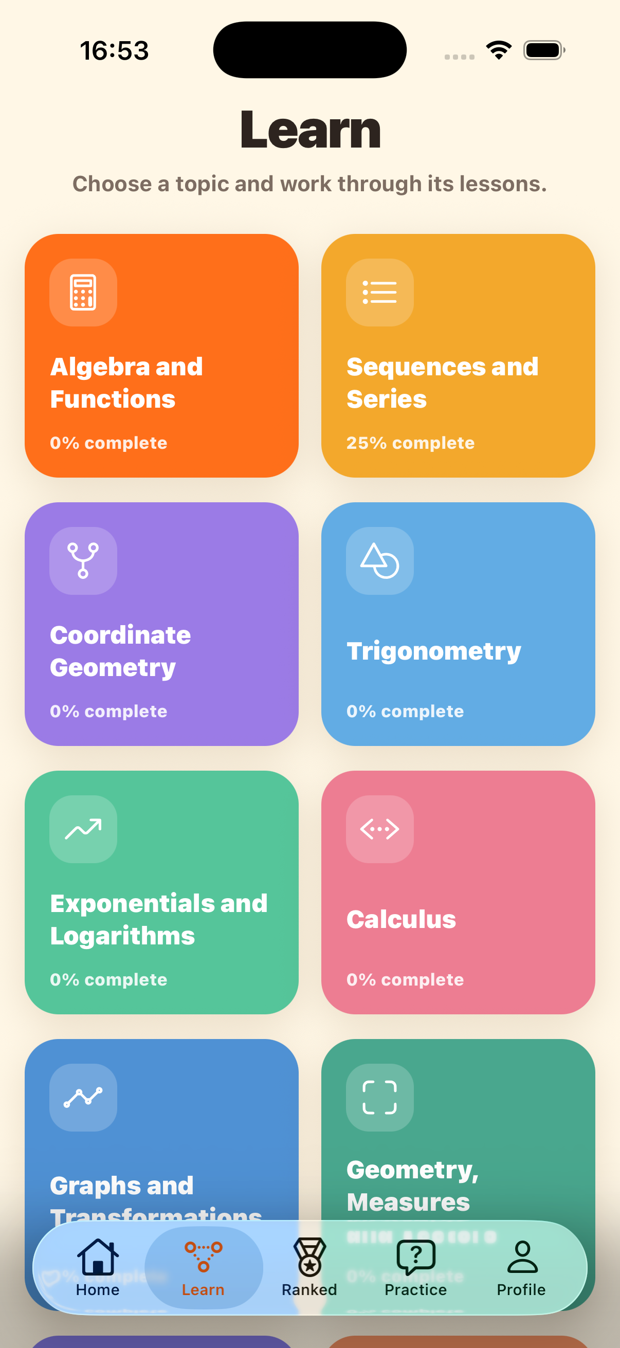 Ace TMUA lesson topic selection screen