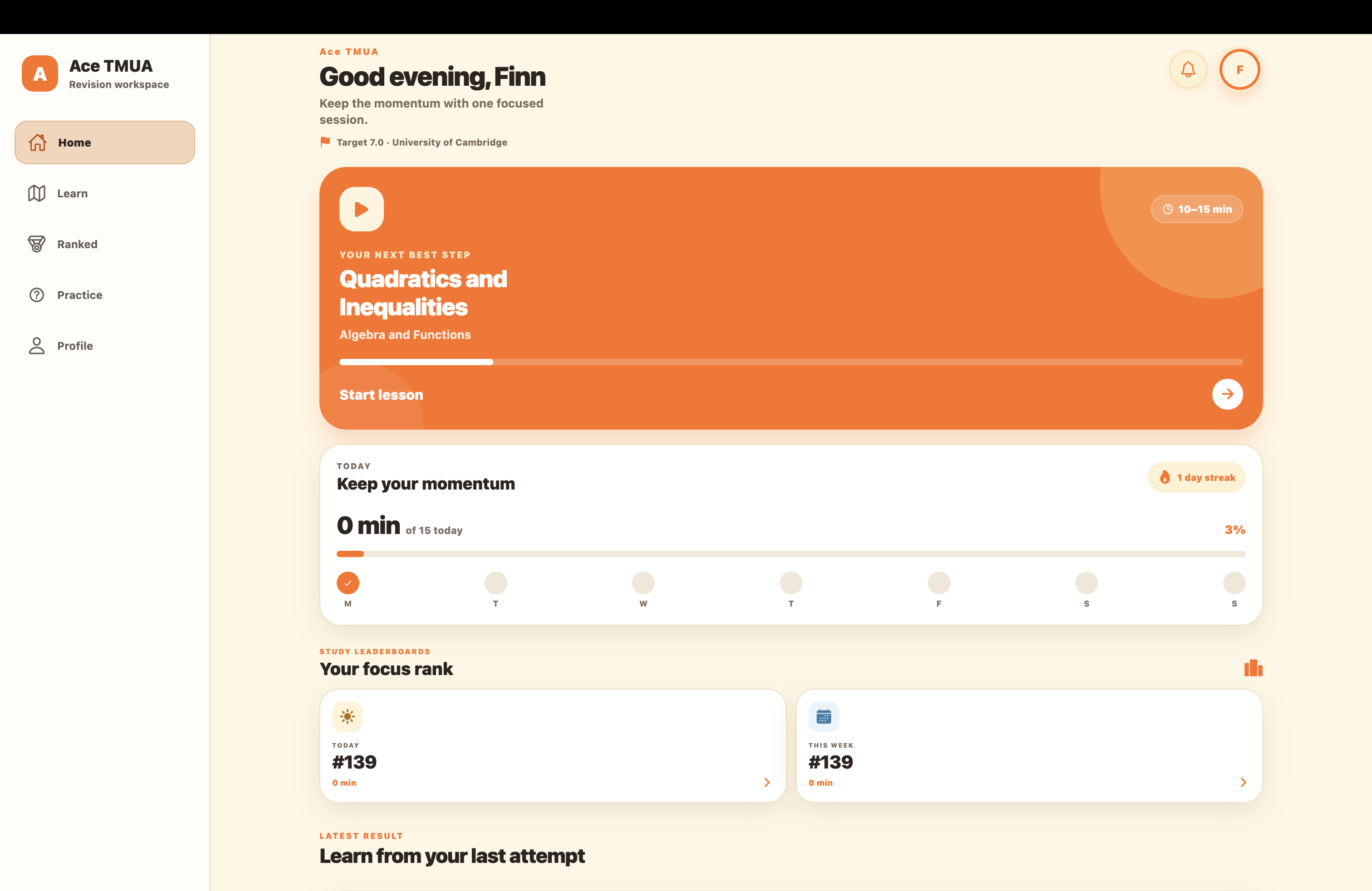 Ace TMUA web app home screen with desktop navigation and a recommended lesson