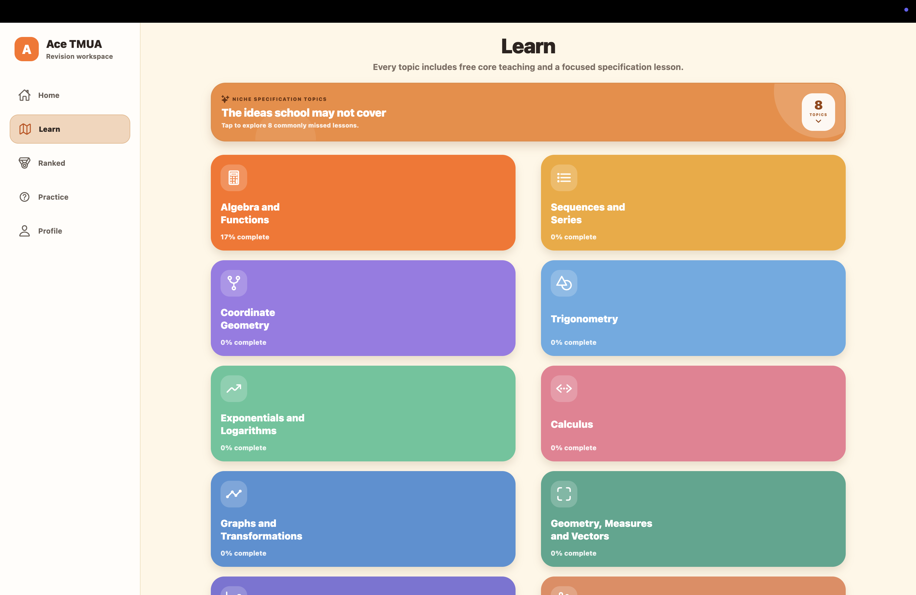 Ace TMUA web app Learn screen showing the topic grid