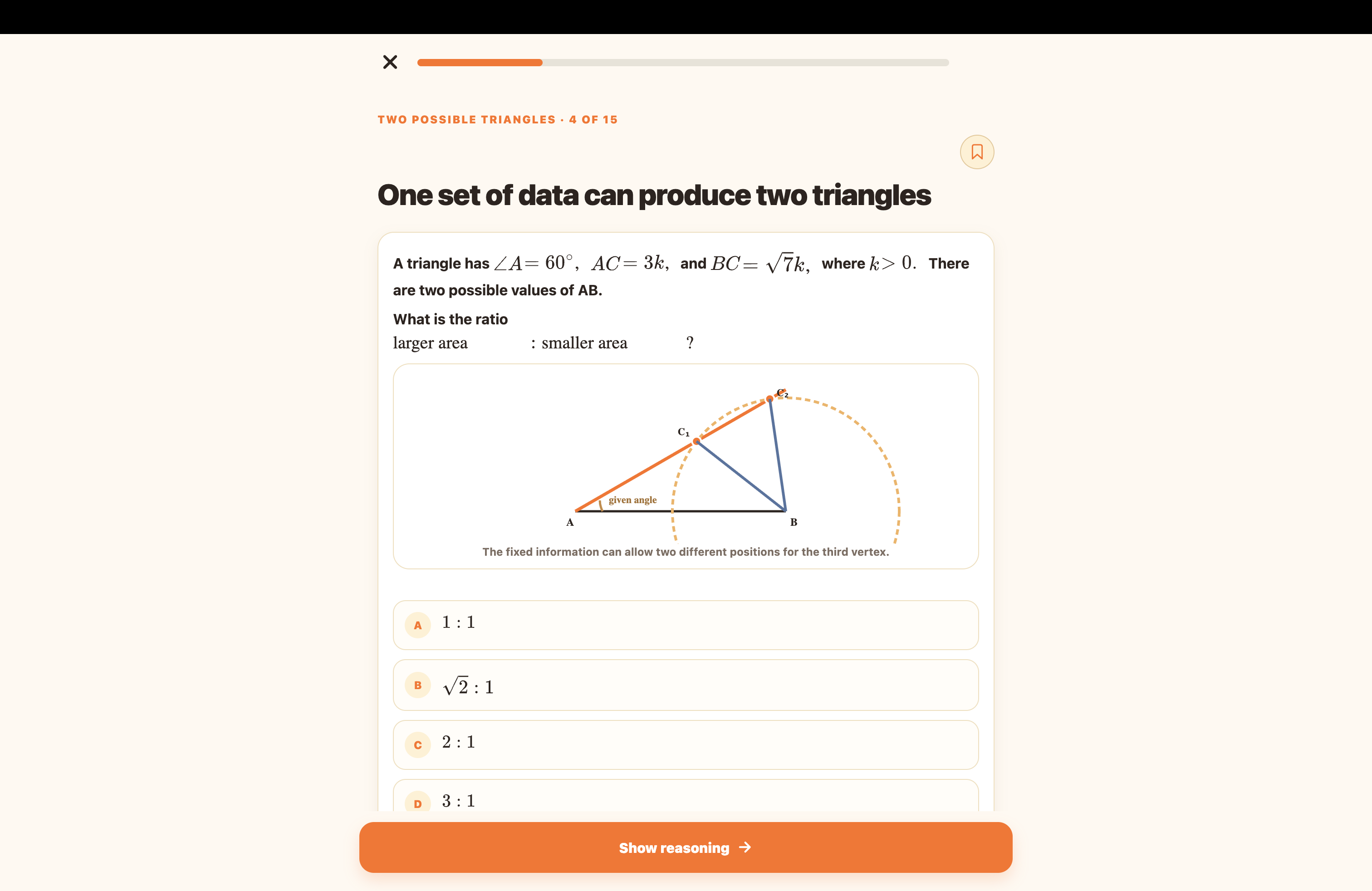 Ace TMUA web app lesson screen showing a worked question