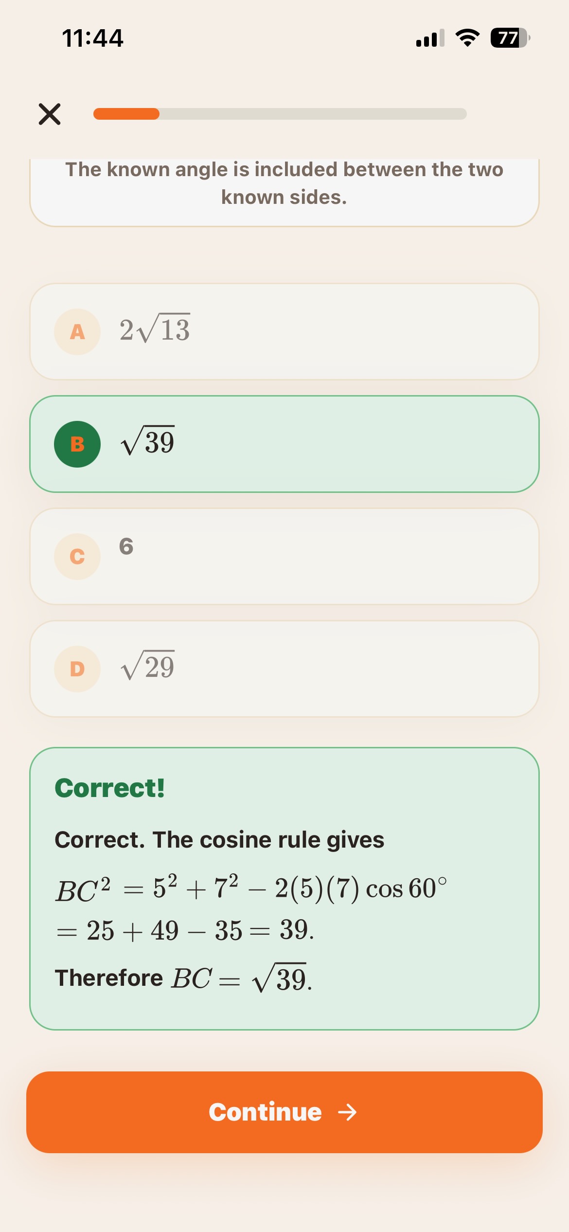 Ace TMUA lesson check with a correct answer and worked explanation